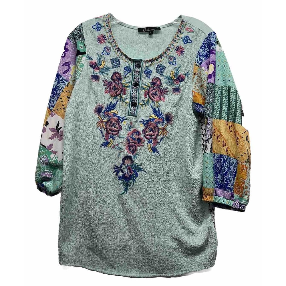 Calessa Womens Size S Teal Long Sleeve Flroal Embroidered Henley Top (M8)